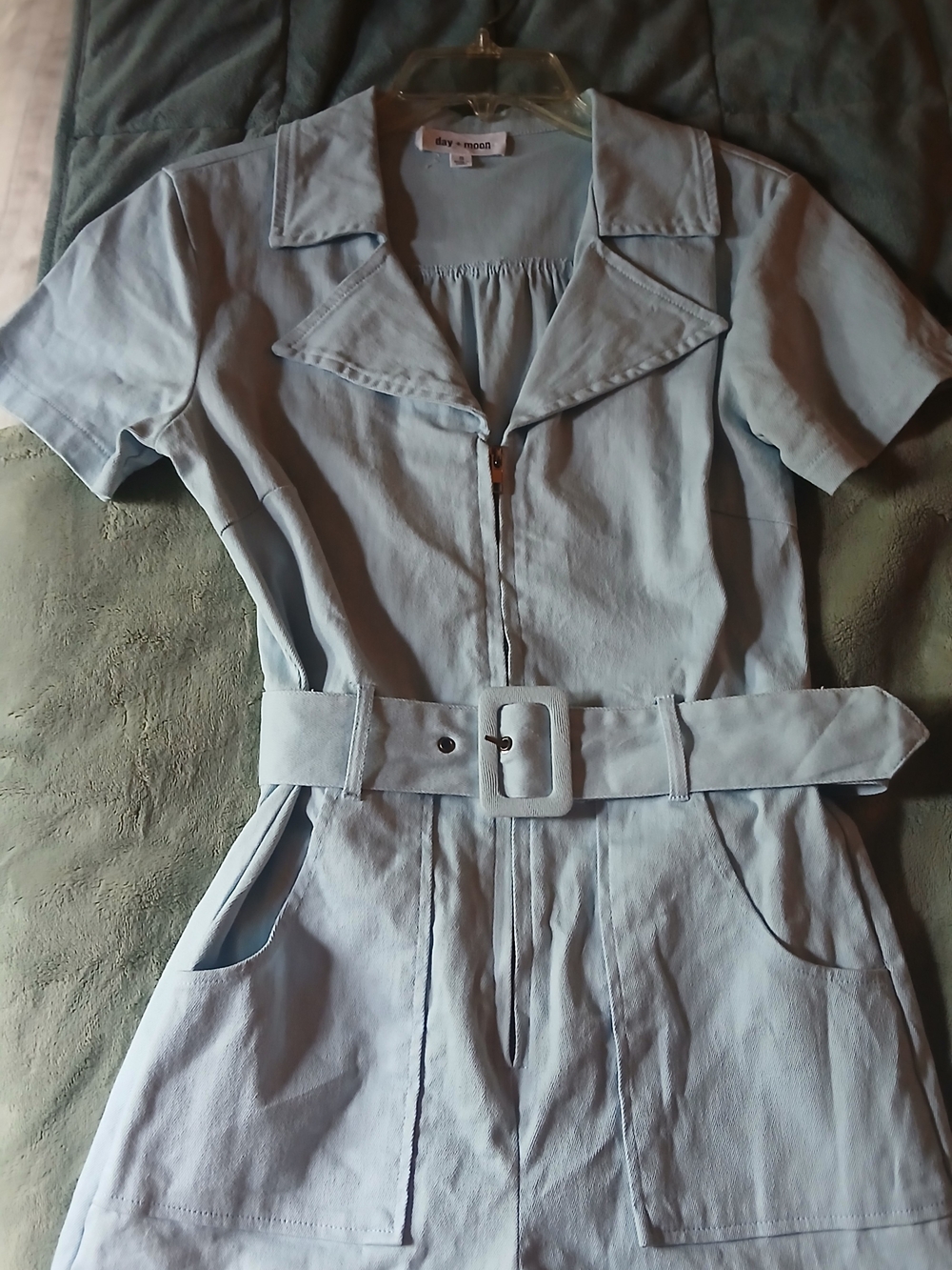 Day + Moon Blue Belted Zip Front Romper